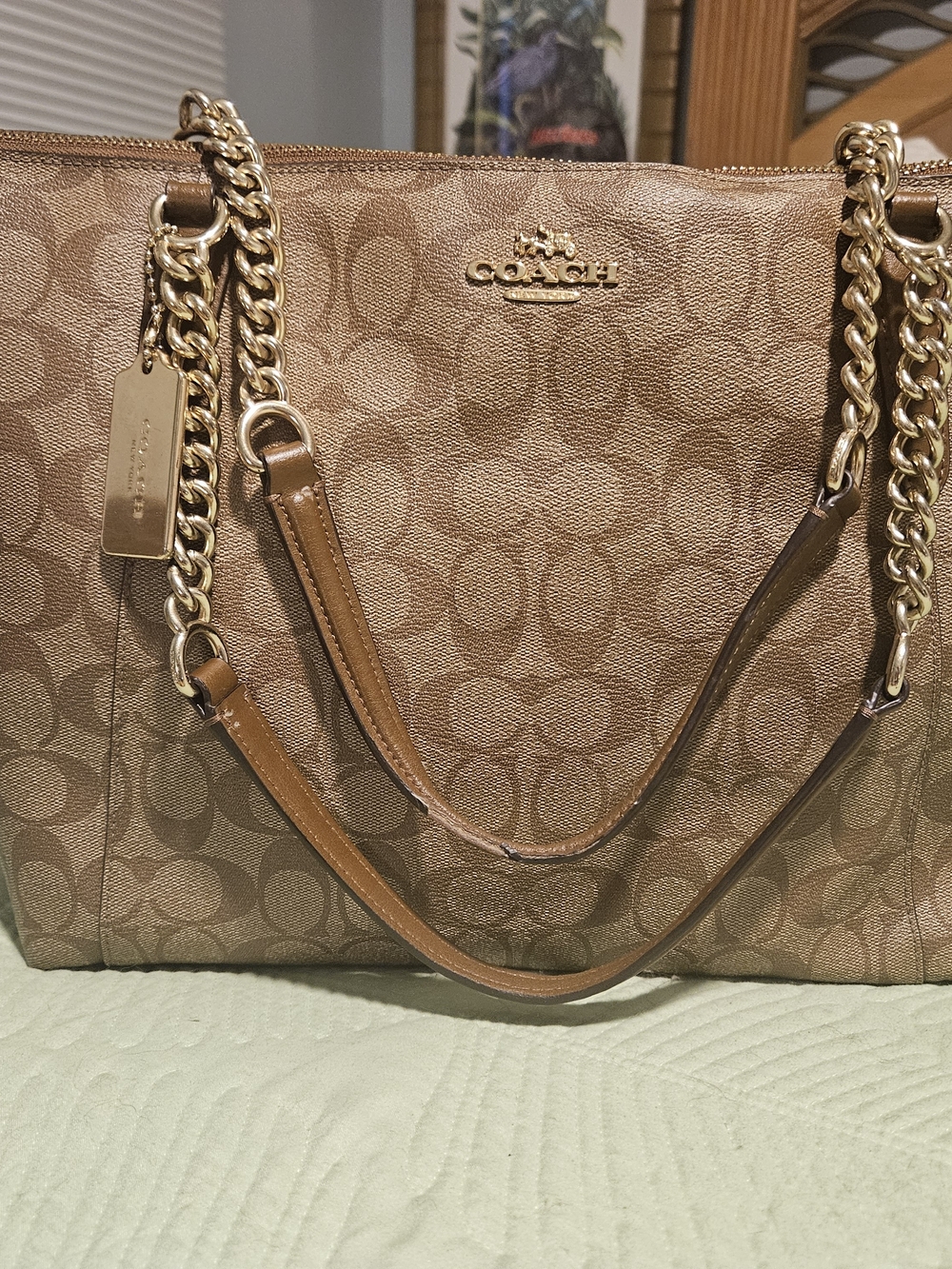 Coach Brown Signature Chain-Handle Tote with Gold Hardware